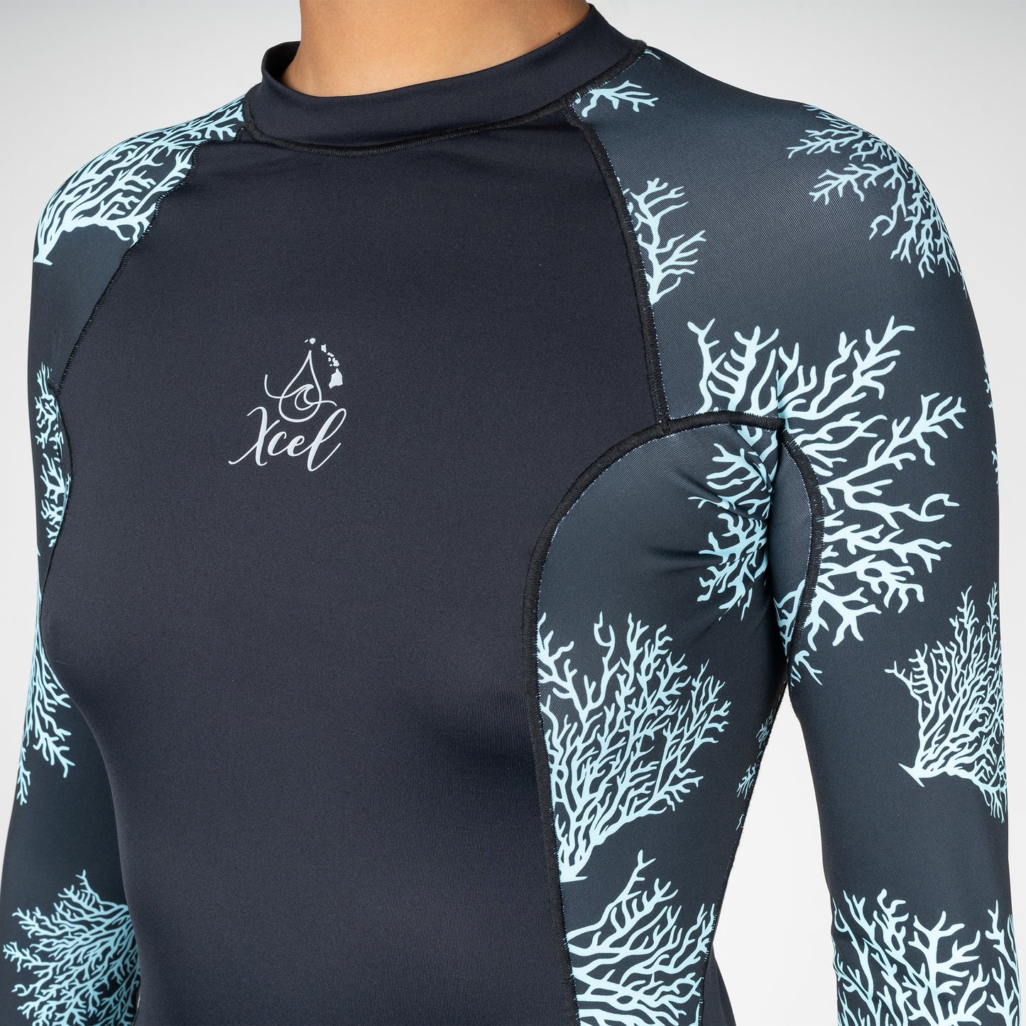 Women's Ocean Ramsey Water Inspired Premium Stretch Long Sleeve UV Top W/Key Pocket - Black/Glacier Blue