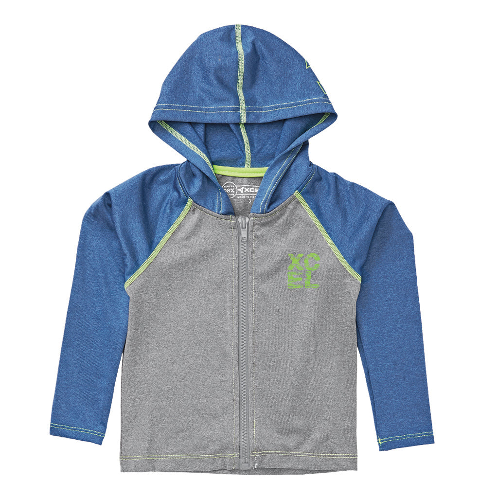 Xcel | Toddler Premium Stretch Front Zip UV Hoodie | Heather Grey/Faint Blue / 1