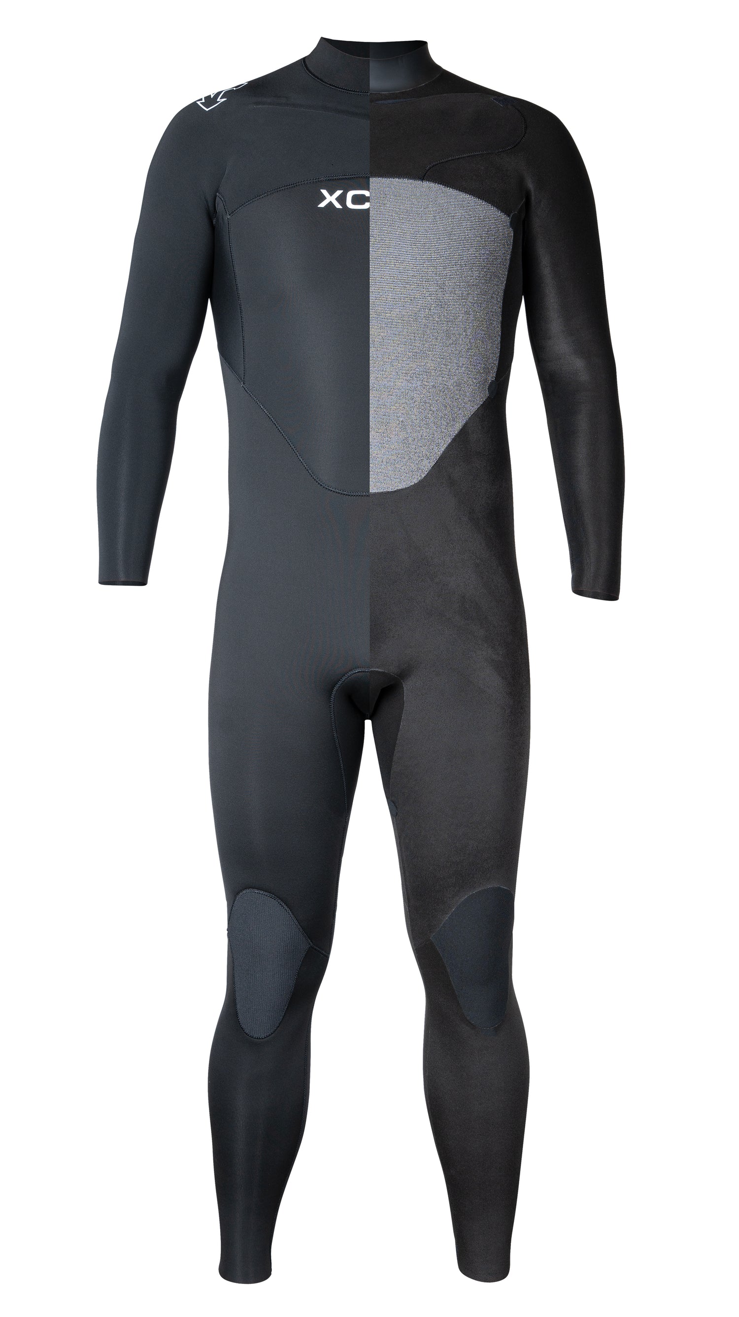 Xcel Axis wetsuit, showing half of the exterior and half of the interior