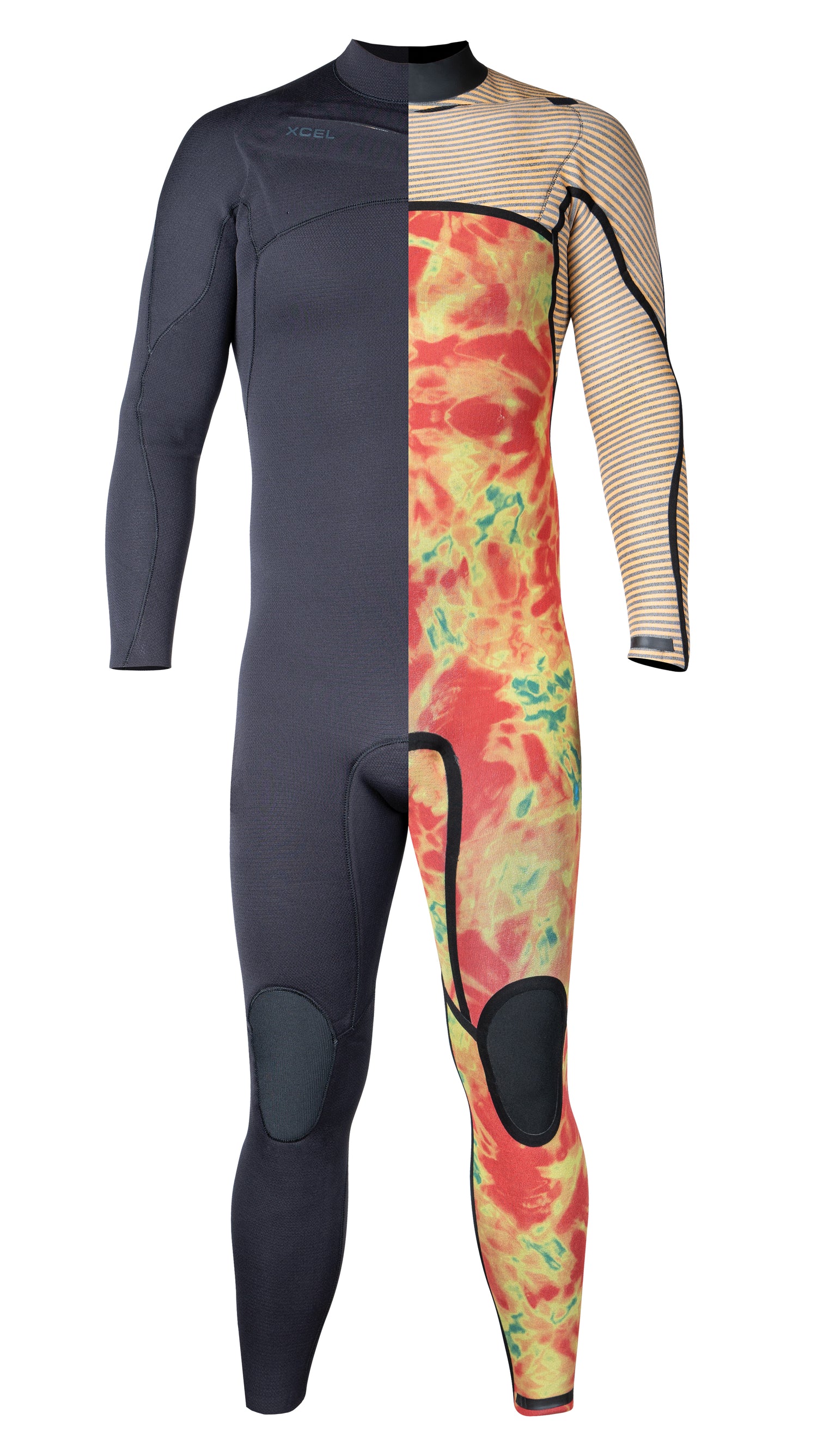 Xcel CompX wetsuit, showing half of the exterior and half of the interior