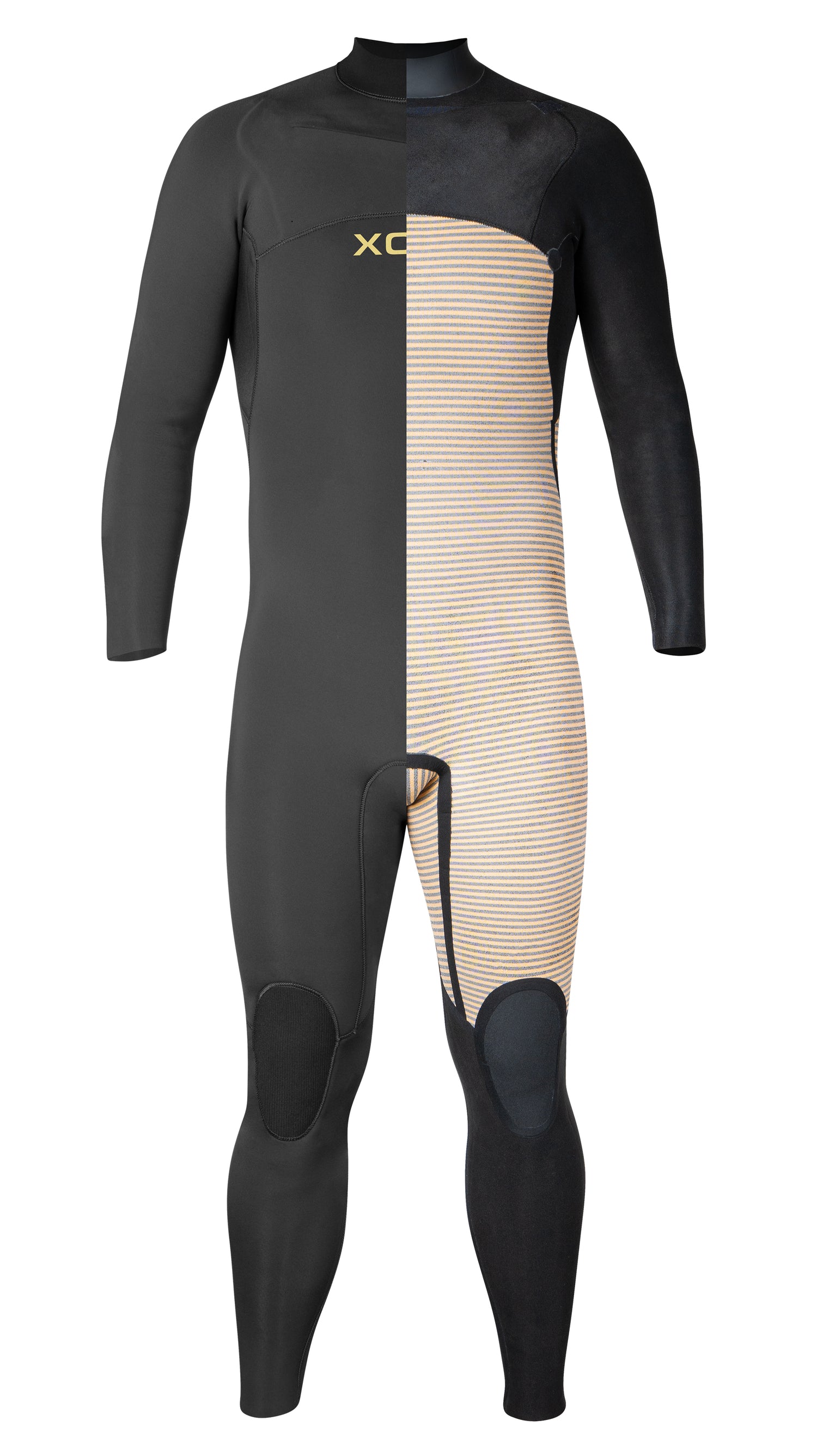 Xcel Comp wetsuit, showing half of the exterior and half of the interior