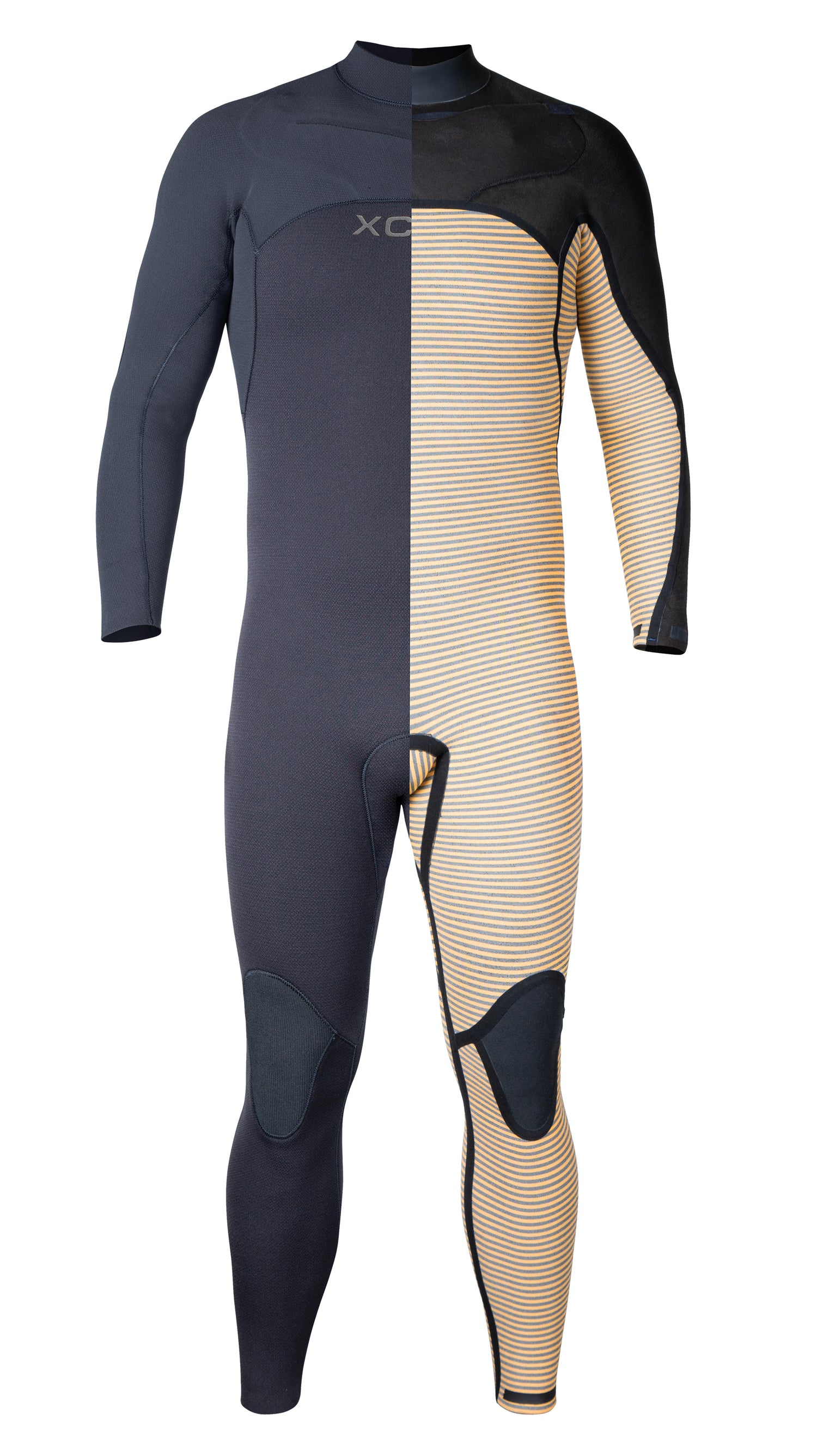 Xcel Comp+ wetsuit, showing half of the exterior and half of the interior