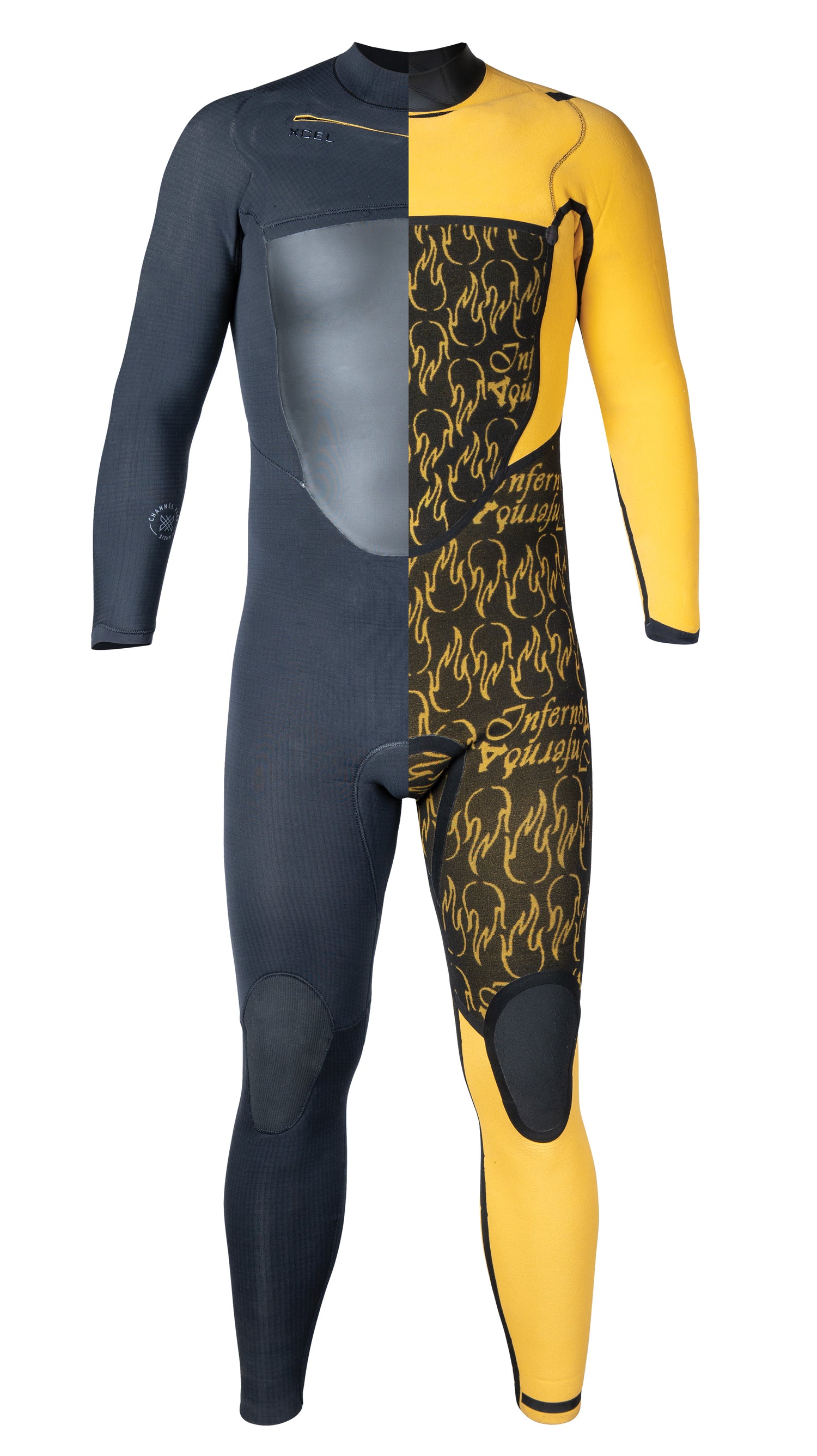 Xcel Drylock wetsuit, showing half of the exterior and half of the interior