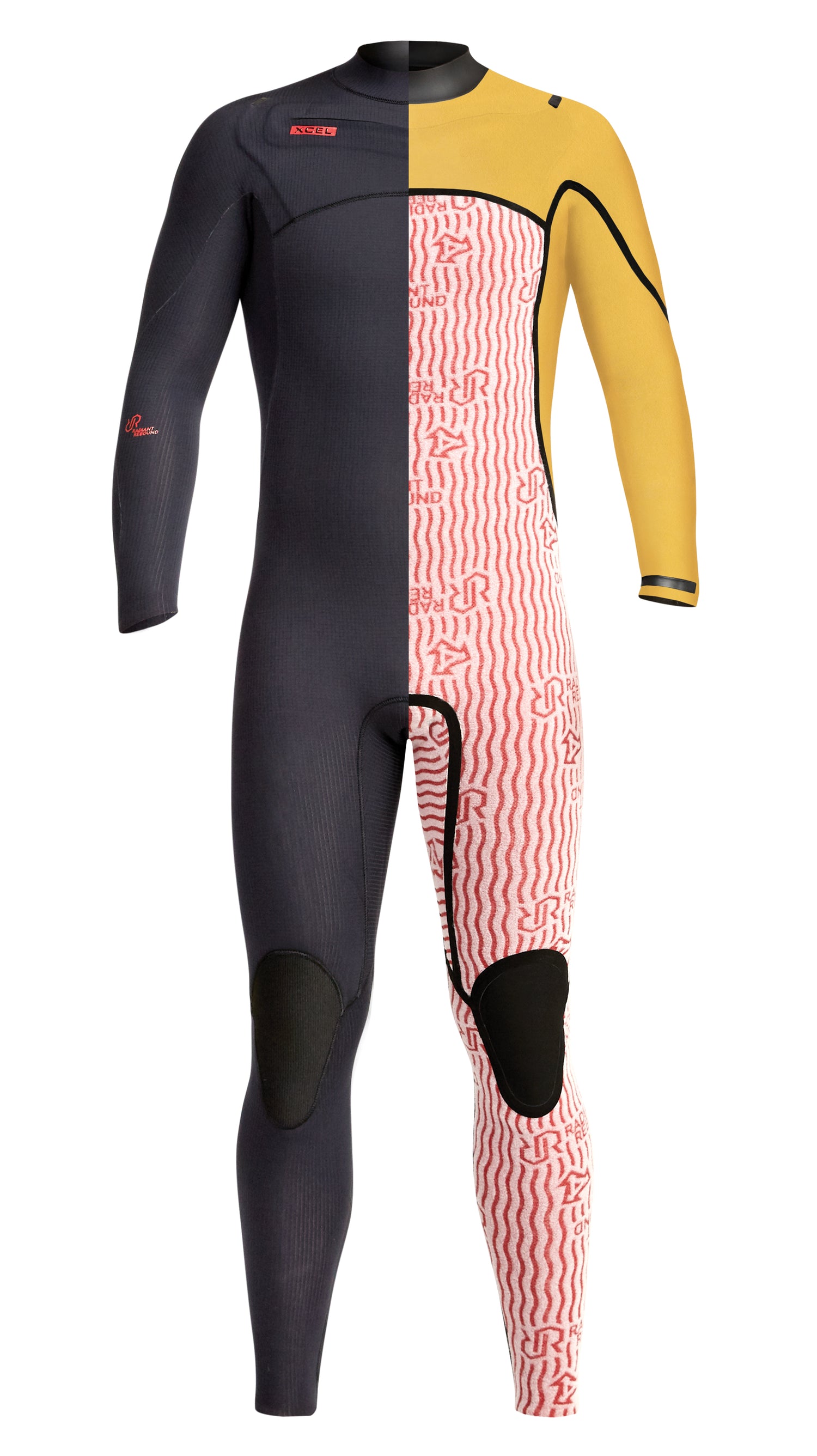 Xcel Infiniti wetsuit, showing half of the exterior and half of the interior