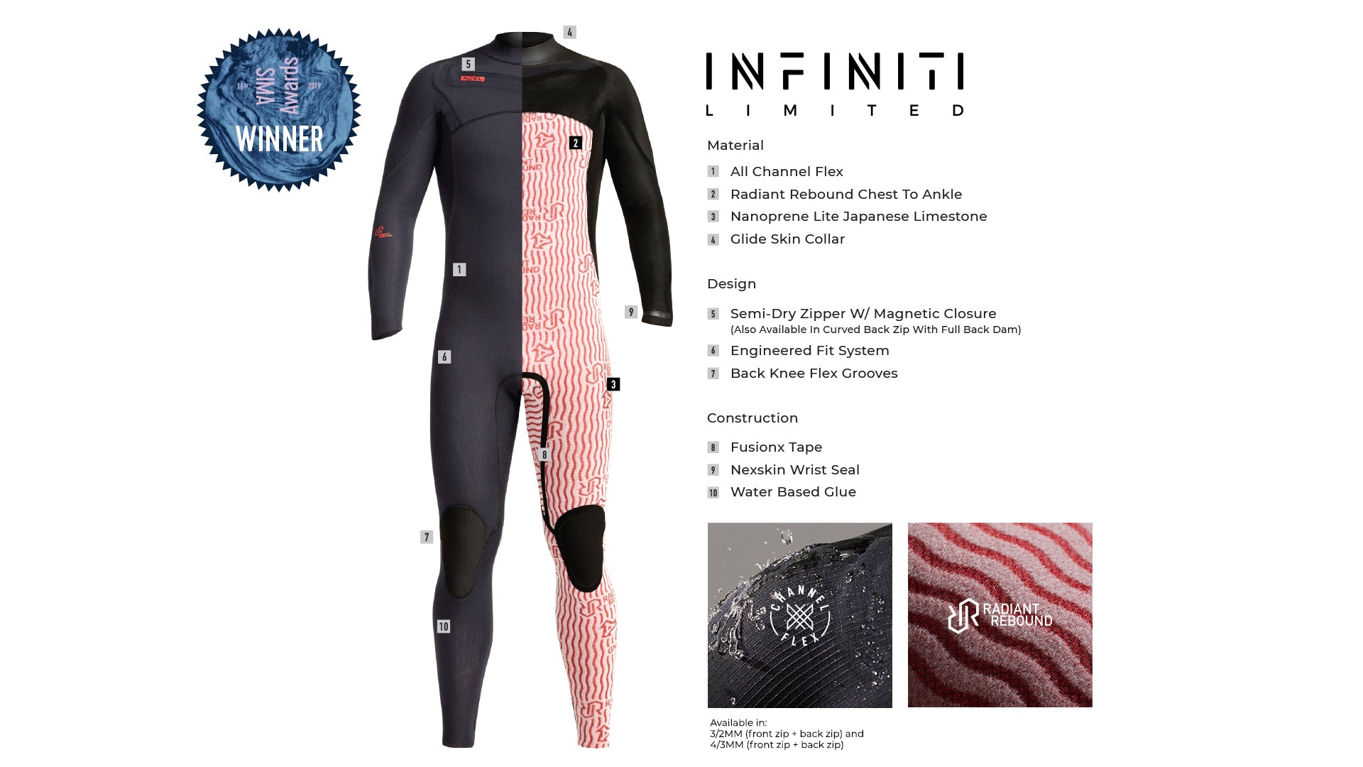 A split suit image of the surf shop exclusive Infiniti LTD showing both the exterior and interior of the suit