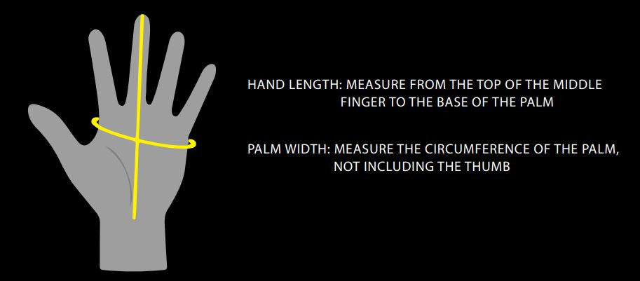 Hand Length: Measure from the top to the middle finger to the base of the palm. Palm Width: Measure the circumference of the palm, not including the thumb.
